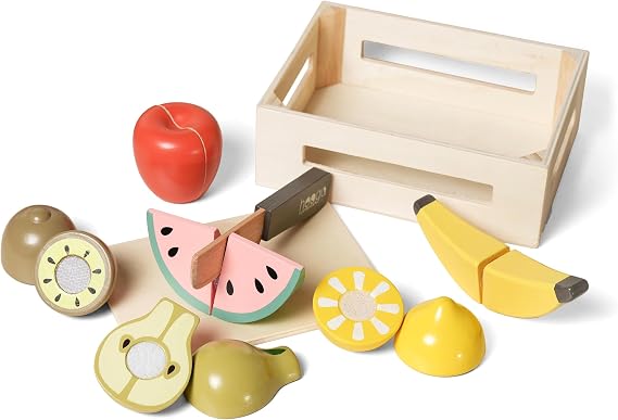 Hooga Wooden Cutting Play Food Set with Crate, Pretend Fruit, 9 Piece | Wooden Cutting Fruits, Chopping Board, Toy Knife and Pretend Food Pieces for Kitchen Role Play, Ages 3+