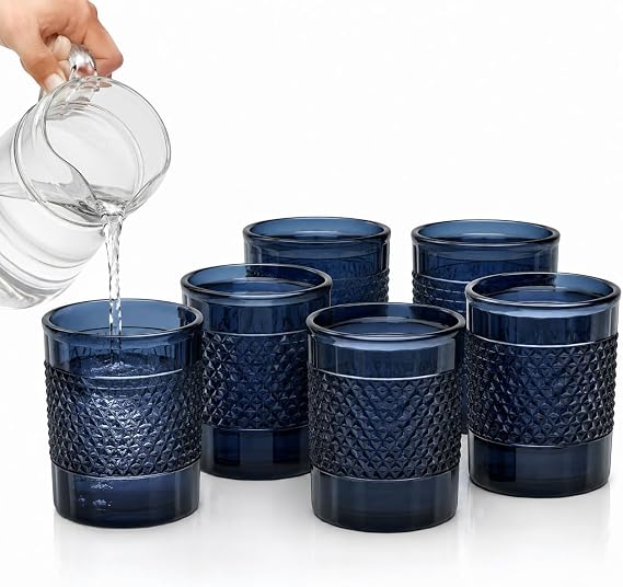 6-Pack 14oz Diamond Textured Acrylic Tumblers Reusable Short Drink Glasses for Water, Juice & Cocktails Durable, Shatter-Resistant & Dishwasher Safe, Blue