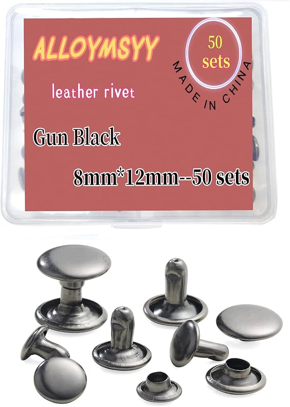 ALLOYMSYY 50 Sets of 8mm x 12mm Leather Rivets Double Cap Rivets Clothing Fabrics Leather Rivets Craft Rivets Tools for Repairing Decorative Clothing Shoes,Pet Collar, Bags, Belts (Gun Black)
