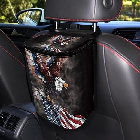 American Flag Car Trash Can Accessories Organizer Eagle Printed Garbage Bag Dustbin Container with Lid Waste Basket Storage Pocket Hanging Vehicle Trash Bin