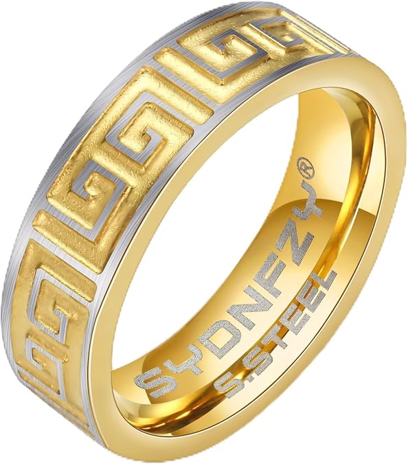 Mens Wedding Band Ring - Fashion Durable Stainless Steel Engagement Promise Rings for Men Women, 6mm Greek Key Ring for Men Couple Jewelry Gift Ring Size 6 7 8 9 10 11