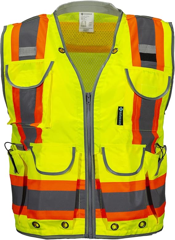Kolossus Work Vest High Visibility Safety Vests With Pockets Class 2 Padded Neck Zippered Reflective Tape Construction