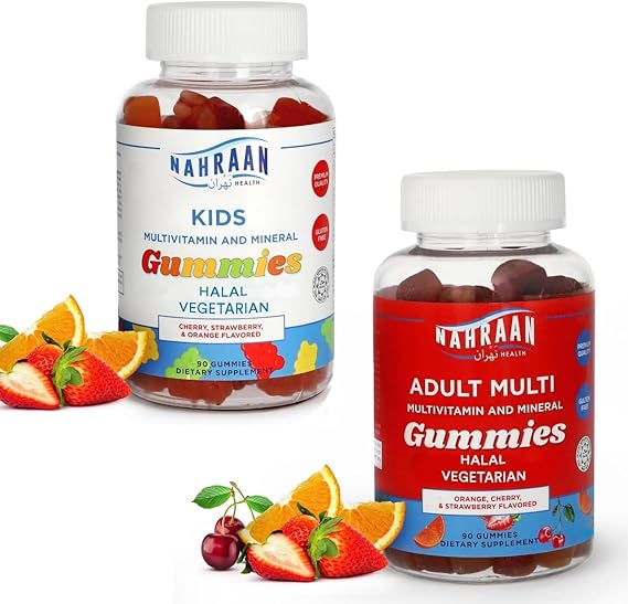 Halal Vitamins for Kids & Halal Multivitamins Gummies for Adults - Multivitamins A, C, D, E, B6, B12 - Non-GMO Vegetarian Halal Gummies - 90 Count Each