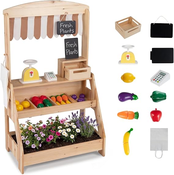 HONEY JOY Kids Farmers Market Stand with Planter Box, Fir Wood Outdoor Mud Kitchen & Grocery Store Pretend Play, 25 Vegetable Accessories, Chalkboard, Montessori Play Store for Toddlers (Natural)
