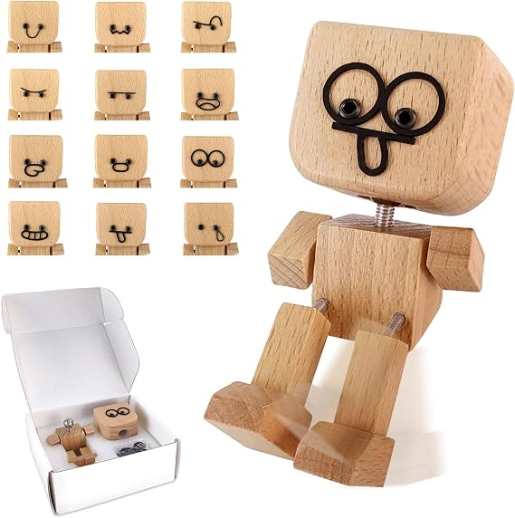 TOGETDREAM Shaking Wooden Man Figurine, Handmade Shaking Feet Wooden Doll with 12 Expressions Figure That Sways Handmade Man Figurine Funny Wood Desktop Car Dashboard Decor for Desk Car