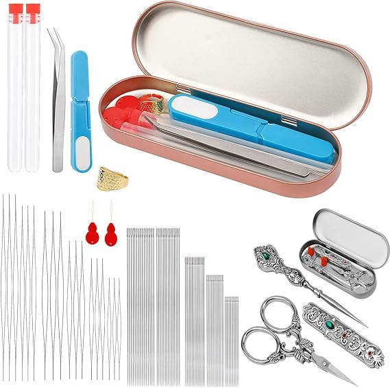 100 Pcs Beading Needles Set and Embroidery Scissors Kits,75 Pcs Long Straight Beading Thread Needles 18 Pcs Big Eye Beading Needles with Threader, Needle Bottle, Yarn Scissors,Tweezers for Bracelets a