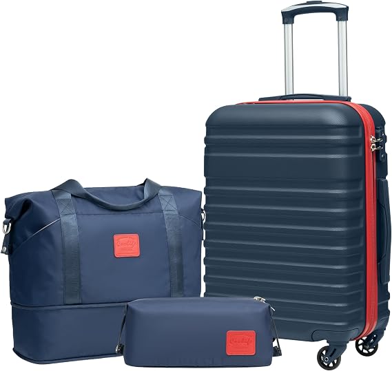 Coolife Luggage Set Hardside Suitcase,3 piece,Navy Red(DB/TB/20) | Suitcase Set,3 Piece Carry on,TSA LOCK,360 Smooth Spinner Wheels,YKK Zippers,Smart Trolley Sleeve
