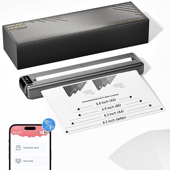Q302 Portable Printers Wireless for Travel, WiFi & Bluetooth Thermal Printers for Home Use, Inkless Mobile Compact Printer, Upgraded Wireless Printer Support 8.5'' x 11'' US Letter, 300Dpi