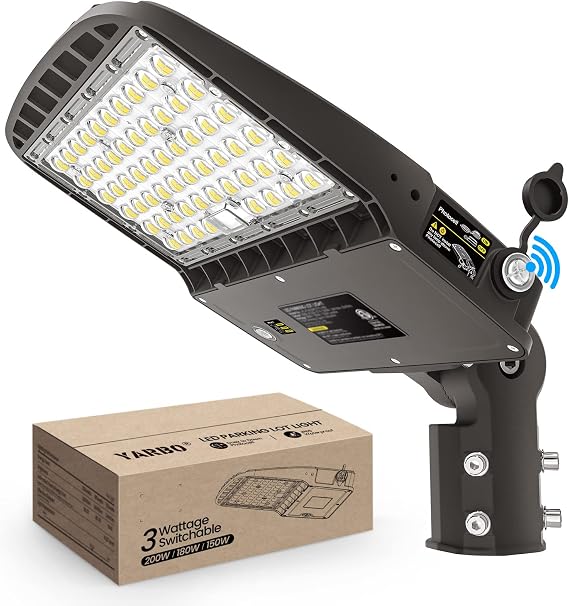 YARBO LED Parking Lot Light 200W/180W/150W Switchable, 5000K 32000LM 160LM/W Shoebox Light, Dusk to Dawn Photocell, IP65 Waterproof ETL Listed, AC100-277V Slip Fitter for Commercial Areas & Driveways