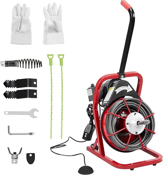 Electric Drain Cleaning Machine 50 FT - 1/2 Inch 370W Sewer Snake Auger Cleaner Electric Clog Remover Plumbing Tool,Drain Machine 4 Cutter Blades, Air-Activated Foot Switch and Protective Gloves