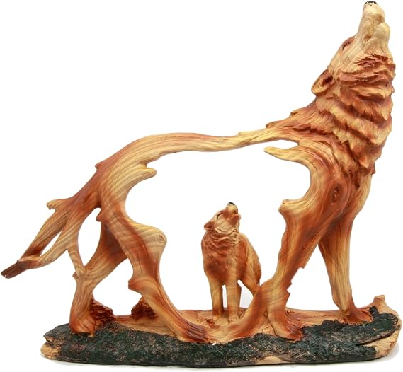 Ebros Wildlife Woodlands Scene Blood Moon Howling Gray Alpha Wolf Figurine in Faux Wood Finish Home Decor Sculpture of Wolves Timberwolves Coyotes Animal Spirit
