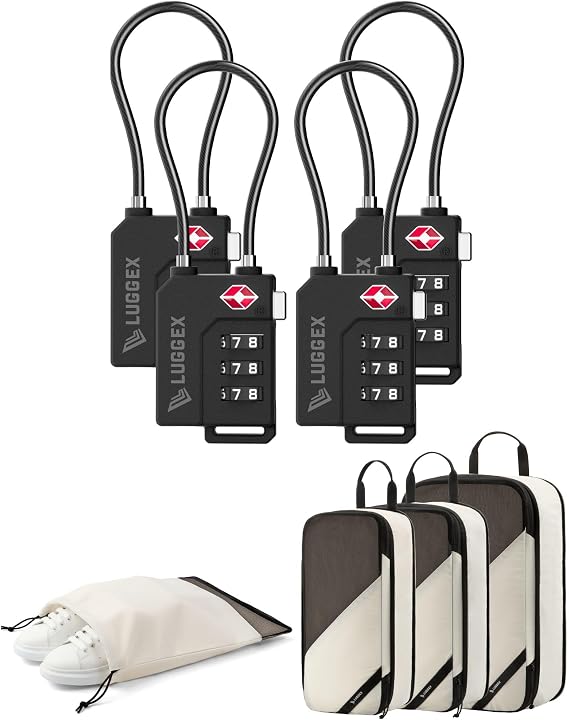 LUGGEX TSA Locks and 4 Set Compression Packing Cubes for Luggage Bundle Travel Accessories