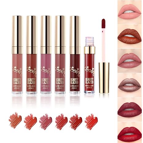 Lip Gloss Set of 6 Matte Lip Gloss Velvet Silky Smooth Natural Waterproof Durable Non-stick Cup Moisturizer Makeup Durable Liquid Lipstick Makeup Cosmetic (#01)