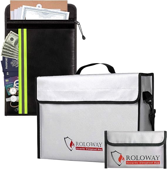 ROLOWAY Fireproof Document Bag with 2 Pockets (Black) & Large Fireproof Bag with Fireproof Money Bag (Silver)