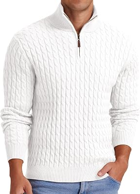 Askdeer Mens Quarter Zip Sweater Cable Knit Mock Neck Pullover Sweater Classic Casual Pullover with Ribbing Edge