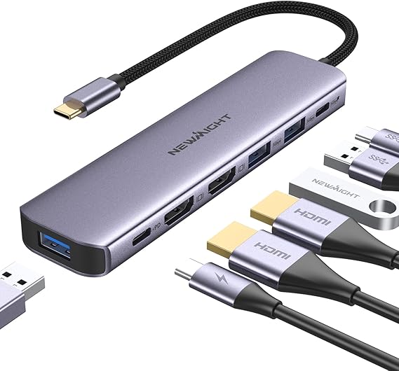 USB C to Dual HDMI Adapter Newmight 7 in 1 USB C Docking Station Dual Monitor with 2 HDMI 3 USB3.0 100W PD USB C 3.0 Ports Compatible with Dell HP iPhone 15 Series