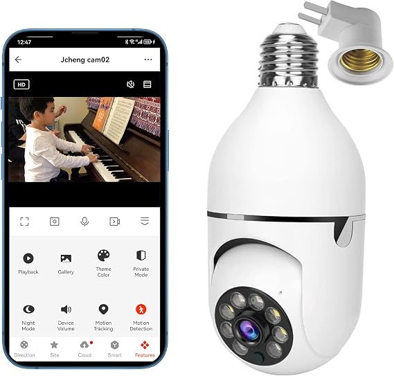 JCHENG Light Bulb Security Camera | 4MP 355° Rotating Guard | Compatible with Alexa/Google Assistant/Alarm System | SD Card Included |Indoor