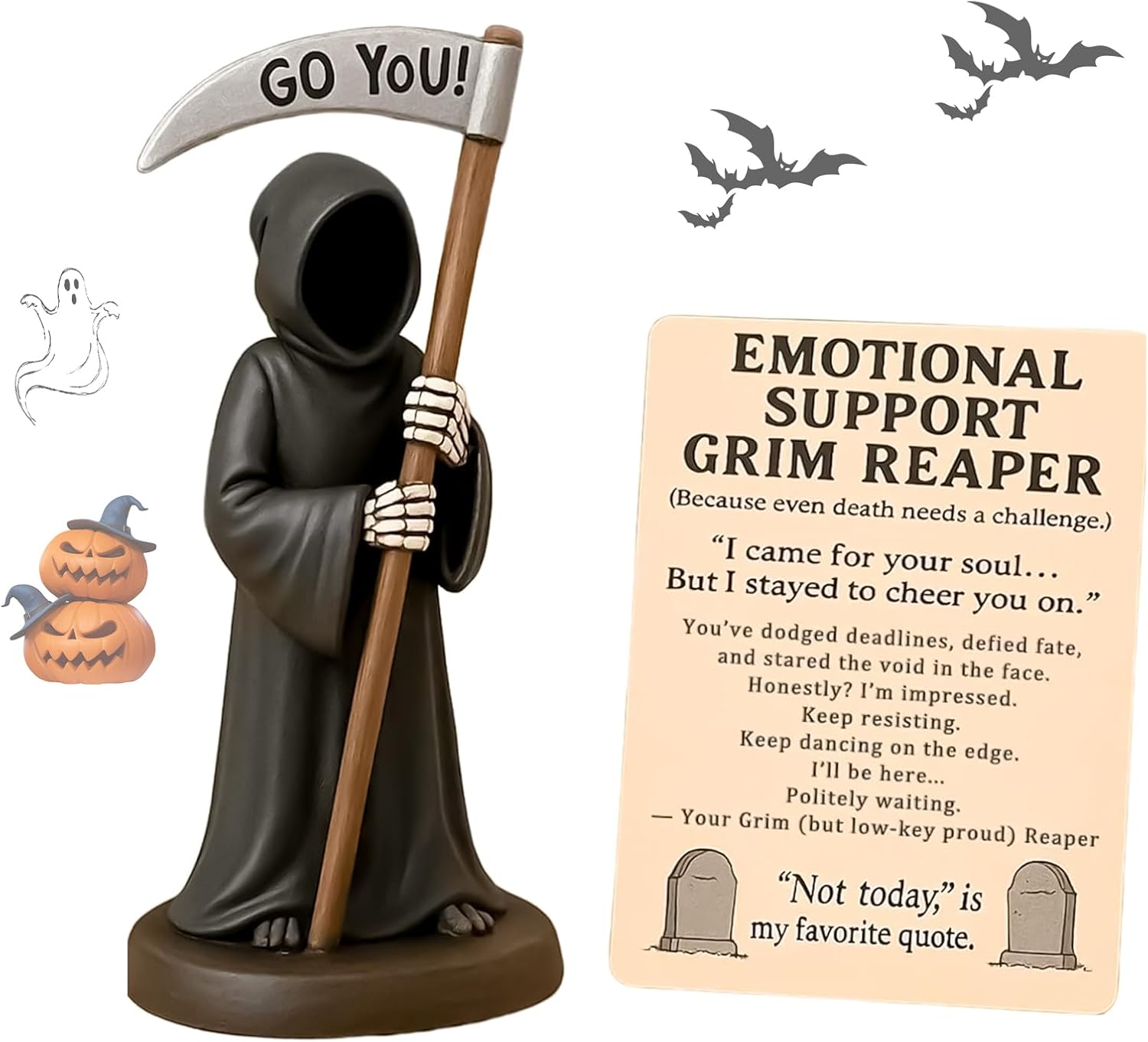 Gothic Reaper Emotional Support Figurine, Halloween Grim Resin Sculpture Ornaments, Hand-Painted the Reaper Statues Accessories with Emotional Support Card Desk Decoration, Encouragement Gift Decor