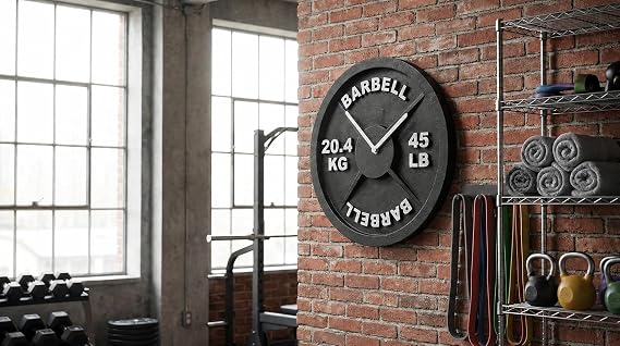 Barbell Wall Clock, 45LB Weight Plate Replica Clock, Home Gym Decor, Garage Gym Wall Art, Fitness Gift for Men, Women, Dad, Coach