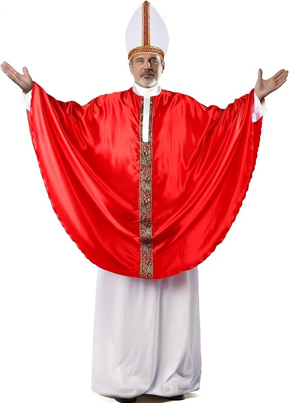 Men's Pope Costume, 3-Piece Red and White Bishop Outfit with Mitre Hat