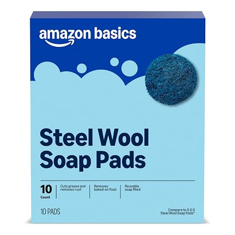 Amazon Basics Steel Wool Soap Pads, Reusable, Cuts Grease and Removes Rust, 10 Count, Pack of 1