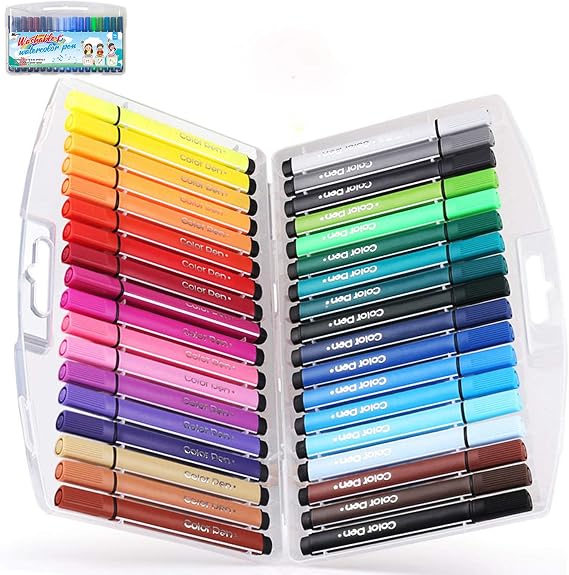 KXF Washable Felt Tip Colouring Pens Set for Children Non-toxic Thick Fibre Tip Chunky Pens with Case Box for Colouring Book Drawing Gift - 36 Assorted Colours - Ages 3 Years Plus