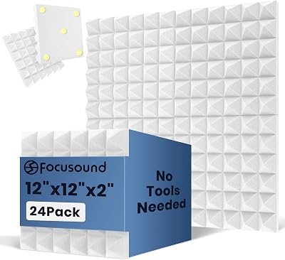 Focusound White Acoustic Panels 24 Pack 2x12x12 with 120 PCS Double-Side Adhesive - Sound Proof Pyramid Foam for Walls, Home Studio Noise Absorption & Echo Control Kit