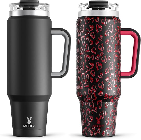 Meoky 40 oz Tumbler with Handle and Straw 2 Pack, Insulated Tumbler with Lid and Straw, Stainless Steel Travel Mug, Keeps Cold for 34 Hours, 100% Leak Proof, Fits in Car Cup Holder (Night & Heart)