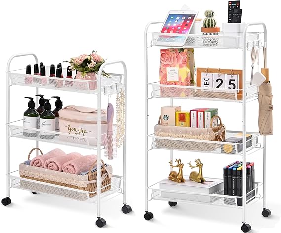 TOOLF 3 Tier Rolling Cart Bundle with 4-Tier Rolling Cart, Metal Utility Cart with 3 Hooks, Easy Assemble Mobile Storage Trolley On Wheels, Slide Out Shelving Units Kitchen Bathroom Laundry Room