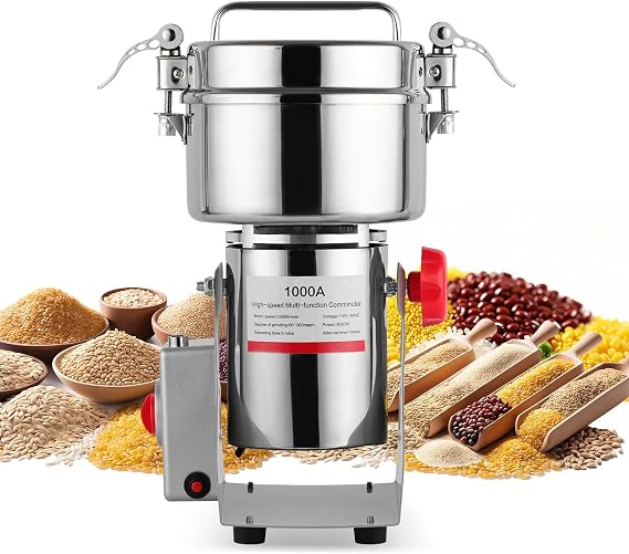 Grain Mill Grinder Electric, 1000g Stainless Steel, 3000W High Speed Commercial, Grain Mill for Flour - Swing Type Pulverizer for Dry Grains, Cereals, Coffee, Corn, Pepper, Spice Herb