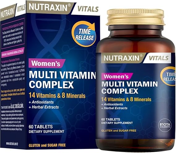 Nutraxin Multi Womens Vitamins Energy Support, Nourishes Hair, Skin & Nails, Whole Food Supplement with Biotin, Vitamins A, C & E and Zinc Gluten and Sugar Free 60 Tablets
