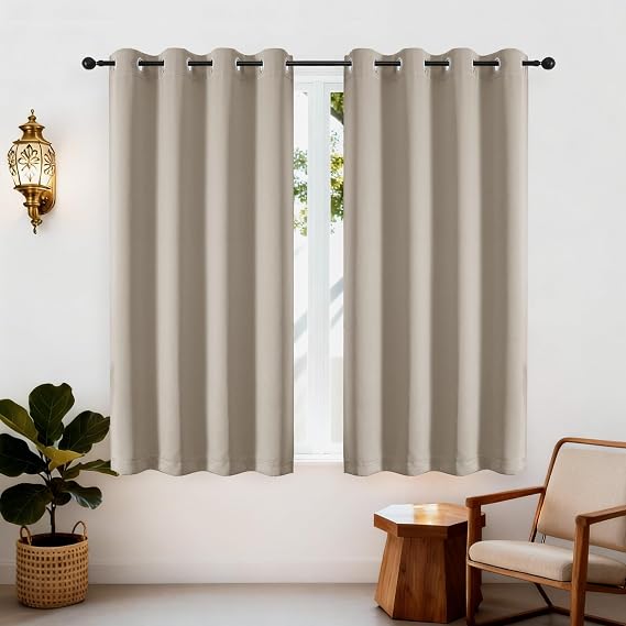Simplebrand Ava Stone Blackout Eyelet Curtains for Bedroom 163 cm Length 2 Panels Set, Solid Thermal Insulated Energy Saving Grommet Window Treatment Home Black Out Curtains, W 140 cm x L 163 cm