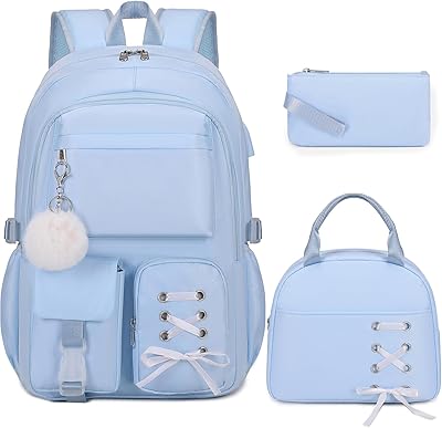 Backpacks for Girls, Girls Backpack with Lunch Box & Pencil Pouch for Teens Girl Kids Elementary Middle High School College Student Bookbag Daypack Laptop Travel Backpack for Women Blue