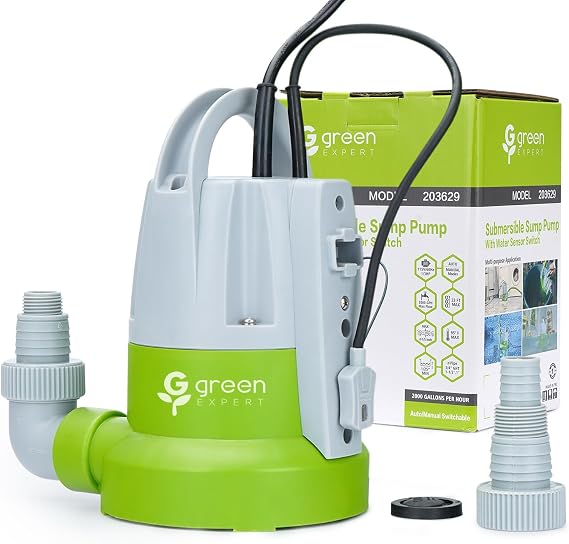 Green Expert 1/3HP Submersible Sump Pump with Water Sensor Switch, Low Water Last-Inch Drain Pump, 2000GPH Automatic/Manual Water Removal for Flooded Basement, Garage, Hot Tub Easy to Use Backup Pump