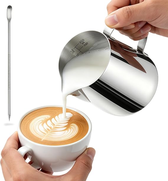 Milk Frothing Pitcher – Milk Jug for Coffee Machine with Clear Markings & Decorating Pen, Stainless Steel,Milk Frother Jug & Steamer Cup for Latte Art, Home or Café（350ml ）