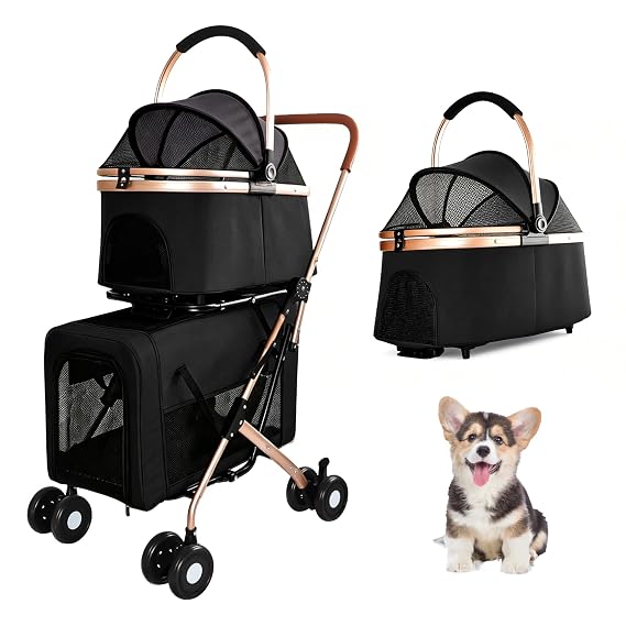 Double Pet Stroller for Dog and Cat, Foldable Dog Stroller Travel Carriage with Shockproof Wheels, Brake System, Fixed Leashes for Small/Medium Pets in Multi-Pet Homes (Black)