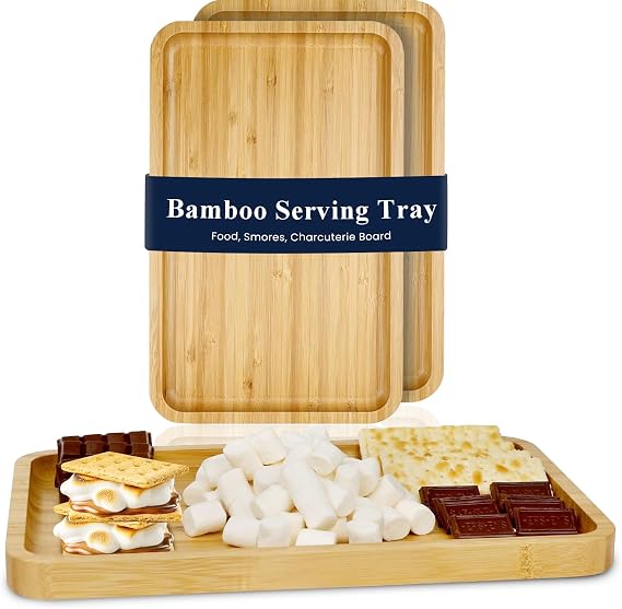 KORNIFUL Bamboo Serving Tray - 2 Pack Serving Platters for Food Party Smores Maker Tray - Modern Rectangle Wooden Trays for Eating Living Room Kitchen Counter Tray or Tabletop fire Pit Accessory (M2)