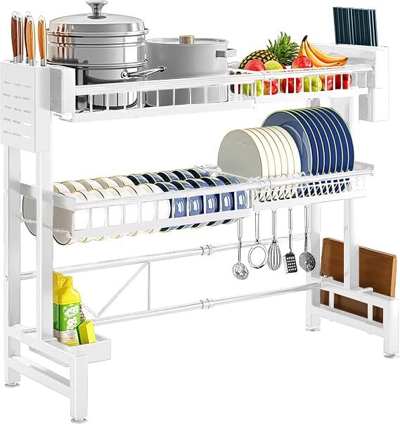 Over the Sink Extendable Stainless Steel Dish Drainer Rack Large Capacity Dish Stand Knife Stand Cutting Board Stand Multi-Function Storage Easy Assembly Kitchenware Washing Rack Over the