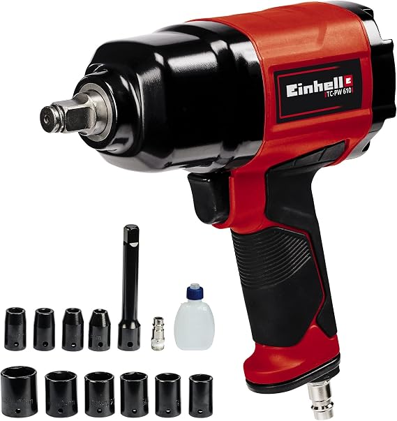 Einhell Air Impact Nut Crimping TC-PW 610 (Max. torque 610 Nm, right/left rotation, 10 sockets, empty oil bottle, plug nipple, 125 mm extension apparatus) - 4138960