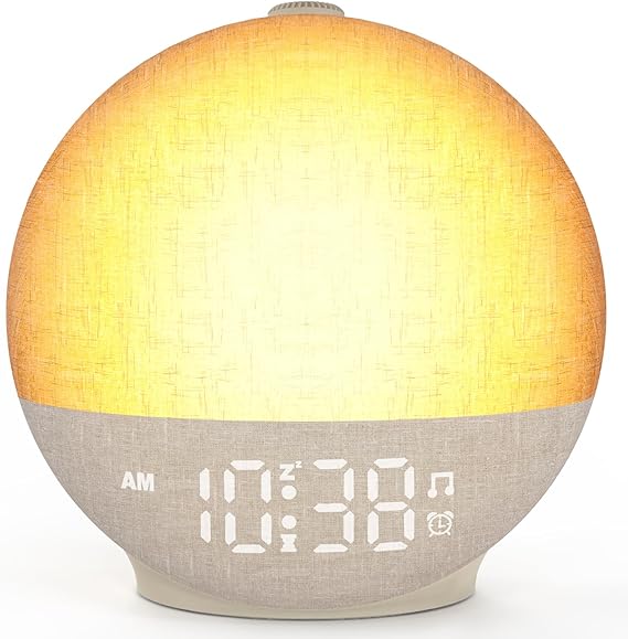 Sunrise Alarm Clock Wake Up Light with Sunset Simulation, 30 Sleep Sounds White Noise Machine, 12 Colours Night Light, Easy to Use Bedside Digital Clock Sunlight Lamp for Kids, Heavy Sleepers Bedrooms