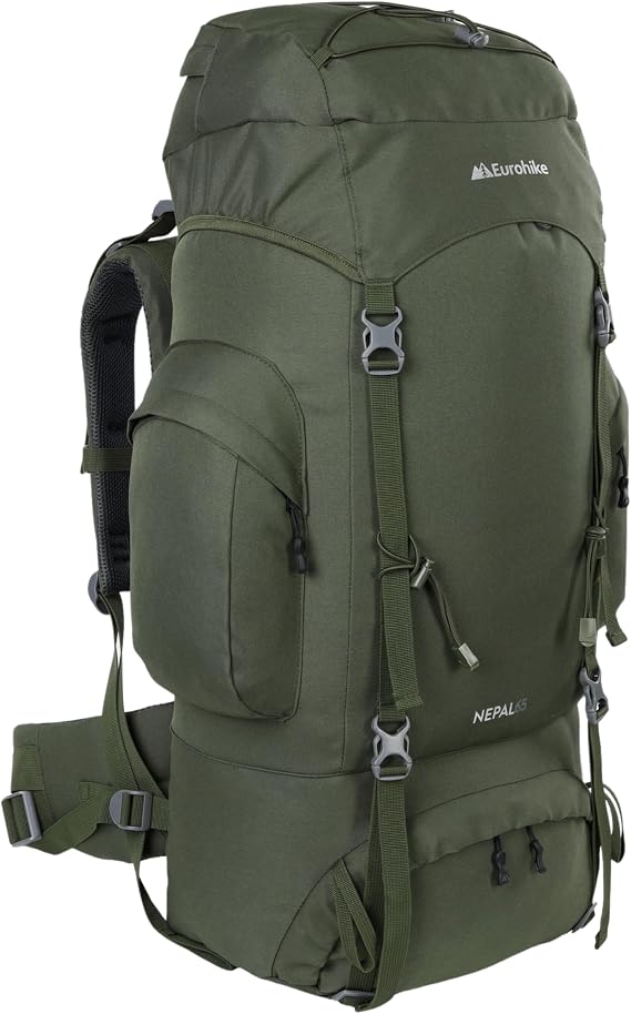 Eurohike Nepal 65 Litre Rucksack with Ventilated Back Panel & Padded Harness, Adjustable & Lightweight 65L Backpack, Bag for Men & Women, Camping, Hiking, Trekking, Travelling, Outdoors (Olive)