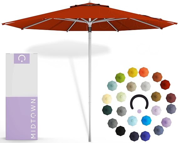 Midtown Umbrellas Push & Pop 8 Ft Patio Umbrellas with Push & Pop Mechanism, 8 Fiberglass Ribs & Terylast Polyester Fabric For Deck, Pool, Cafes and Hotels Apple Canopy, Silver Pole