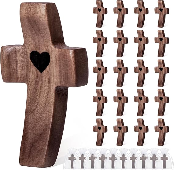 20-Pack Wooden Cross Fidget with Organza Bags, Handmade Pocket Walnut Cross