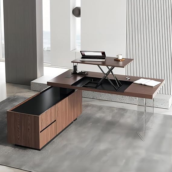 homary 71.5" Modern L-Shaped Desk, Home Office Executive Desk with Lift-Top & Storage Cabinet Walnut Productivity & Ergonomic Comfort Standing Desk for Study, Home Office, Office