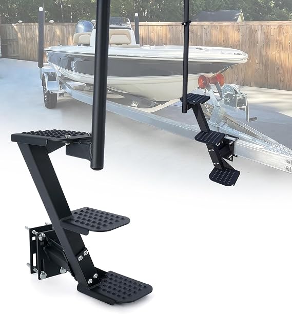 Boat Trailer Steps, Heavy Duty Trailer Tongue Steps with Handle, Universal Fit for 3" x 3", 4" x 4" & 3" x 5" (3 Step, Textured Tread)