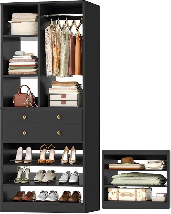 Besiost Small Closet System, 28"/2.3 FT Wood Closet Organizer System with Drawers and Shelves, Walk-in Closet Systems for Small Closets, Free Standing Reach in Closets Tower, Black