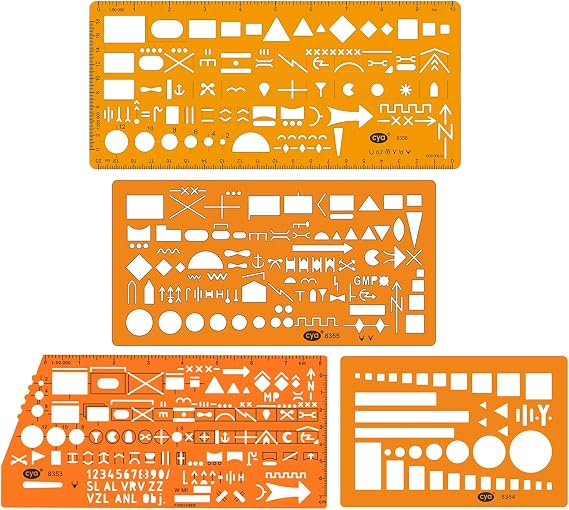 CYA 4-Pack Military Map Template Set - APP-6A Tactical Marking Stencils | 4-piece transparent orange military map stencil set. Features 150+ APP-6A icons with 1:50k & 1:100k tactical scales