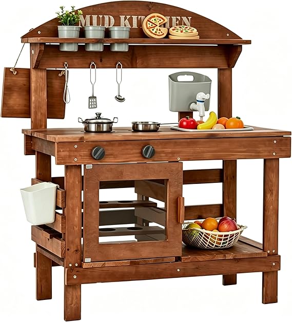 Kids Outdoor Mud Kitchen, Wooden Play Kitchen with Removable Water Sink, Faucet, Plants Observation Room, Backyard Toy Cooking Playset for Kids
