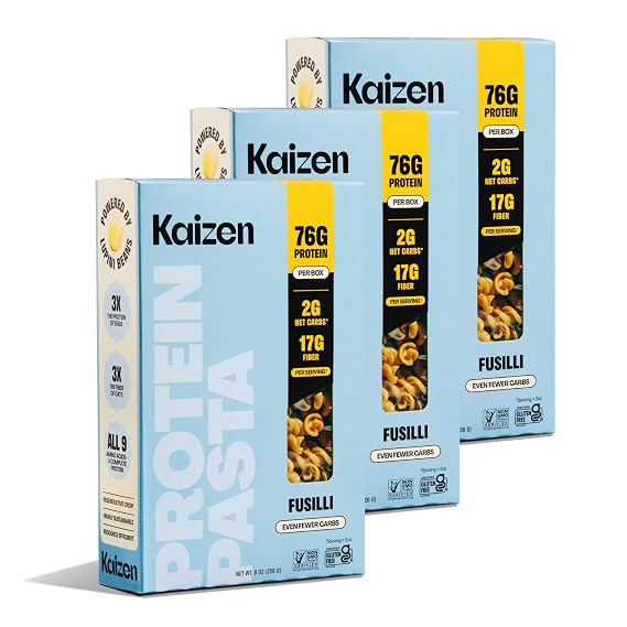 KAIZEN KETO Pasta Fusilli - 2 Net Carbs, 19g protein - Gluten-Free, Keto Pasta Made w/High Fiber Lupini Flour - 8 ounces (Pack of 3)