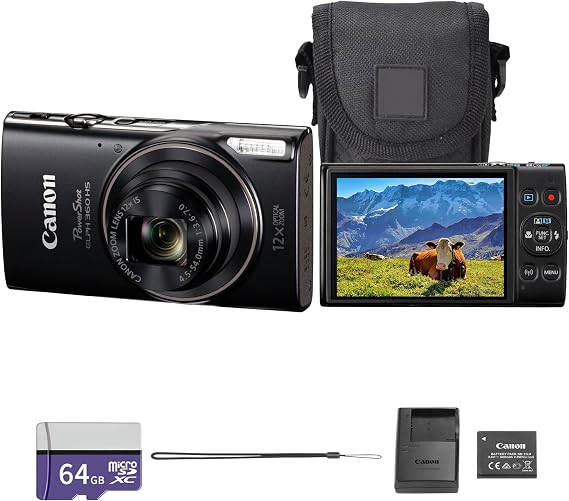 Canon PowerShot ELPH 360 HS A Digital Camera Black | 20.2MP CMOS Sensor with Built-In 12x Optical Zoom & Wi-Fi | Compact Point & Shoot for Travel, Family & Daily Photography 7280C001 + 64GB Card
